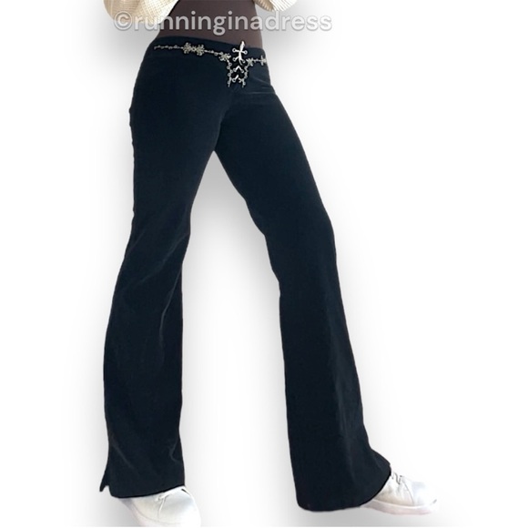 Vintage Lace Up Velvet Black Flares With Embroidered Waist Size Large - Picture 1 of 16